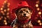 portrait of a cute yorkie dog in a red winter hat. ai generative