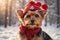 portrait of a cute yorkie dog in a red winter hat. ai generative