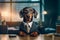 Portrait of dachshund in business suit sitting in office chair.AI generated