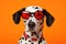 Portrait Dalmatian Dog With Sunglasses Orange Background