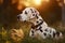 Portrait of a dalmatian lying in the grass.