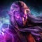 Portrait of a dark elf disfigured by black magic, he has deathly dark skin, long ears, sparkling purple eyes, long gray hair and