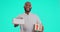 Portrait, delivery and document with a black man courier in studio on a blue background holding a box. Logistics