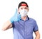 Portrait of delivery man gesturing wearing thumb up sign, wearing safety glasses, surgical mask and blue neoprene gloves, solated