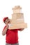 Portrait of delivery man struggling to lift many boxes