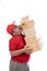 Portrait of delivery man struggling to lift many boxes