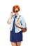 Portrait of diligent girl student university or college with col