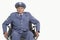 Portrait of a disabled senior male US Air Force officer in wheelchair over gray background