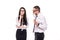 Portrait of displeased angry quarrel business colleagues couple isolated over white wall background