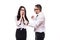 Portrait of displeased angry quarrel business colleagues couple showing watch of miss deadline isolated over white background