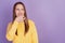 Portrait of displeased tired mad lady hold cover nose look empty space disgusted smell on violet background