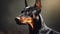 Portrait of Doberman Pinscher breed dog posing on dark background. Canine companion