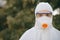 Portrait of doctor epidemiologist fighting with coronavirus COVID-19. Protection mers by virologist. White medical suit