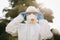 Portrait of doctor epidemiologist fighting with coronavirus COVID-19. Protection mers by virologist. White medical suit