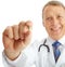 Portrait, doctor and man with pills in studio isolated on a white background. Face, healthcare and happy medical worker