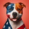 Portrait of a dog with an American flag on a red background