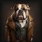 Portrait of a dog breed English Bulldog in a leather jacket