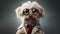 portrait of a dog dressed as a professor on grey background