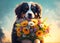 A portrait of a dog holding a large bouquet outdoors. Created with Generative AI