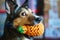 Portrait of a dog holding a rubber pineapple toy close-up. Selective focus