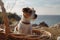 portrait of dog sitting in basket, with view of sunny beach