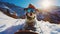 Portrait of dog on snowboard on ski slope in winter, funny pet in sunglasses and hat poses for photo on mountain background.