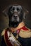 A portrait of a dog wearing historic military uniform. Pet portrait in clothing. Generative ai