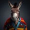 Portrait of donkey in human clothing. Creative portrait of wild animal on abstract background. Antropomorphic animal