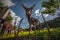 Portrait of donkey village animal on green grass and blue sky