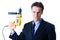 Portrait of dread businessman holding drill