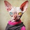 Portrait of a dressed sphynx cat. Funny portrait sphynx cat.