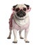 Portrait of dressed up pug wearing glasses, 4 years old