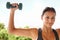 Portrait, dumbbell or woman outdoor for exercise, training or workout for power in nature. Face, strong or person