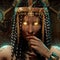 Portrait of an Egyptian pharaoh woman, she is a sorceress with bright yellow glowing eyes, she has gold jewelry and a tiara on her