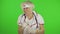 Portrait of elderly caucasian female doctor. Crazy and funny nurse