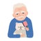 Portrait of elderly man holding his cat or kitten and brushing it with comb. Cute male cartoon character cuddling