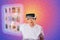 Portrait of elderly woman in VR glasses choice food at internet shop, point at digital screen. Purple gradient