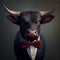 portrait of an elegant bull in a bow tie and pullover on a dark background