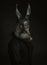 Portrait of elegant gothic man with rabbit leather mask on black background