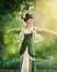 Portrait of an elegant Jane Austen style woman  stroling in a park