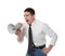 Portrait of emotional businessman using megaphone on white