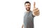 Portrait of emotional hipster man who shows class, finger, on white background,