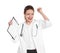 Portrait of emotional medical doctor with stethoscope and clipboard