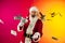 Portrait of emotional Santa Claus wishes wealth and prosperity to every family in New Year 2022. Holidays concept