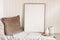 Portrait empty wooden frame mockup with linen cloth, velvet cushions and modern ceramic vases. White beadboard wainscot