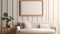Portrait empty wooden frame mockup with linen cloth, velvet cushions and modern ceramic vases. White beadboard wainscot wall
