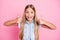 Portrait of energetic crazy kid girl show thumb up sign recommend advise choose decide great advertisement wear stylish