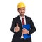 Portrait of engineer boss with blue folder making ok sign