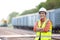 Portrait Engineer man working on railway. Chief Engineer in the Hard Hat in maintenance facility, Engineer and repair man concept