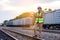 Portrait Engineer man working on railway. Chief Engineer in the Hard Hat in maintenance facility, Engineer and repair man concept